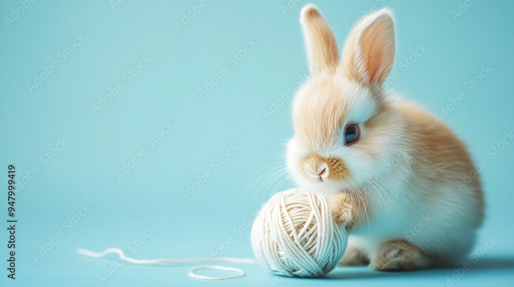 Fototapeta premium A fluffy bunny cub plays with a ball of yarn on a soft pastel light blue background, copy space