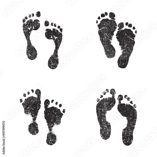 Collection of different grunge style human footprints. Vector illustration