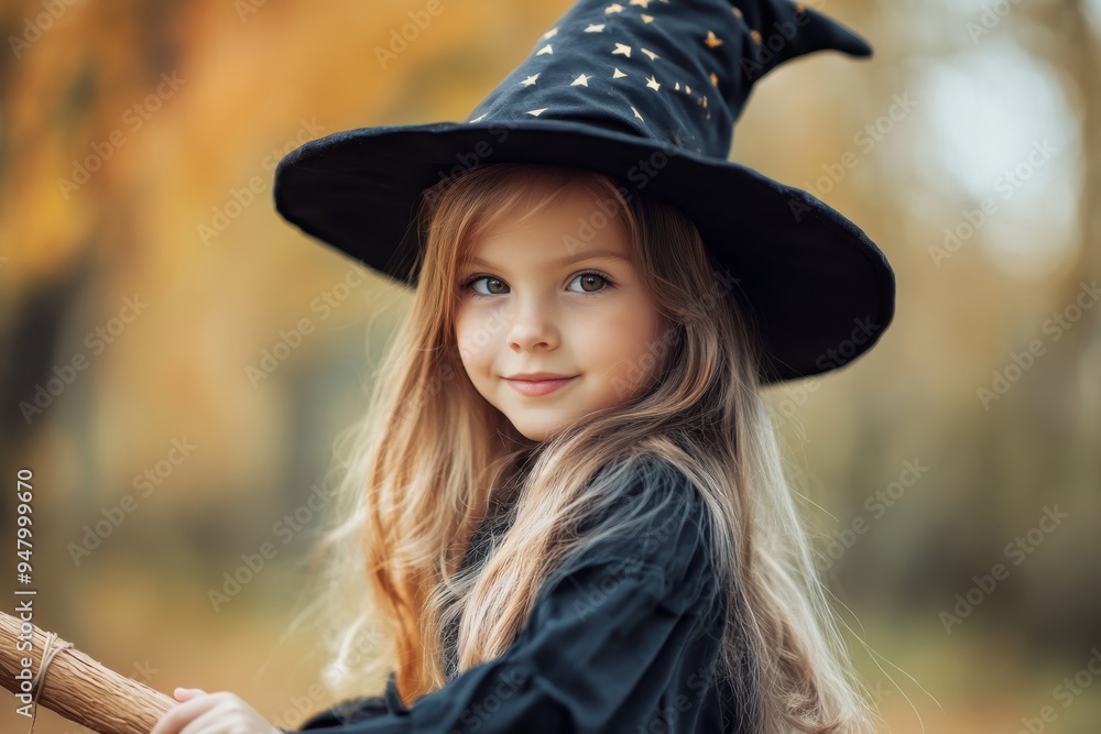 A young girl wearing a witch hat smiles while holding a broomstick in a forest during autumn. Generative AI A young girl wearing a witch hat smiles while holding a broomstick in a forest during autumn. Generative AI