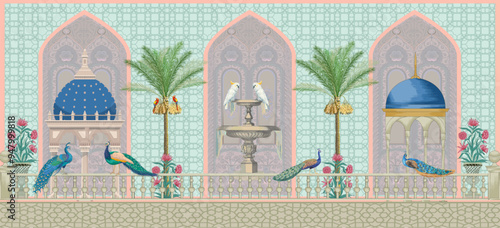 Chinoiseries peacock, Birds Palace garden royal Wallpaper. moroccan decorative garden with peacock, parrot, tree, dates and tomb vector file	