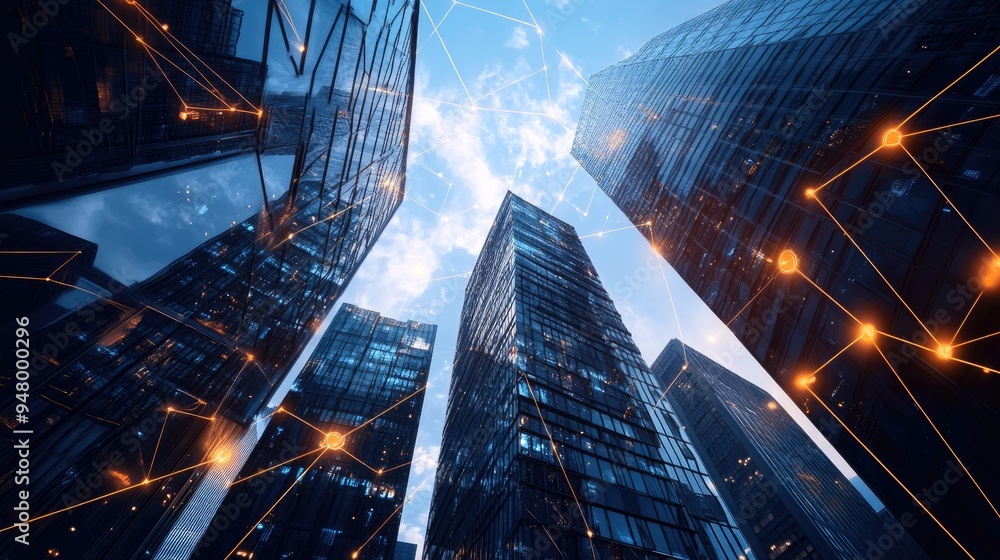 Modern office towers with digital network graphics, perfect for a business banner focused on technology and growth. Modern office towers with digital network graphics, perfect for a business banner focused on technology and growth.