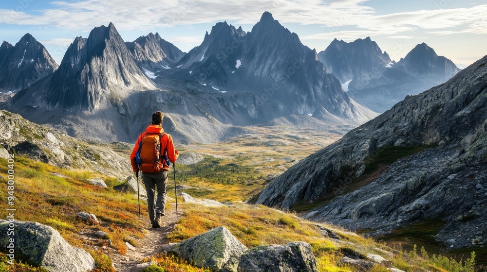 Lone Hiker Trekking Through Rugged Mountain Landscape Lone Hiker Trekking Through Rugged Mountain Landscape