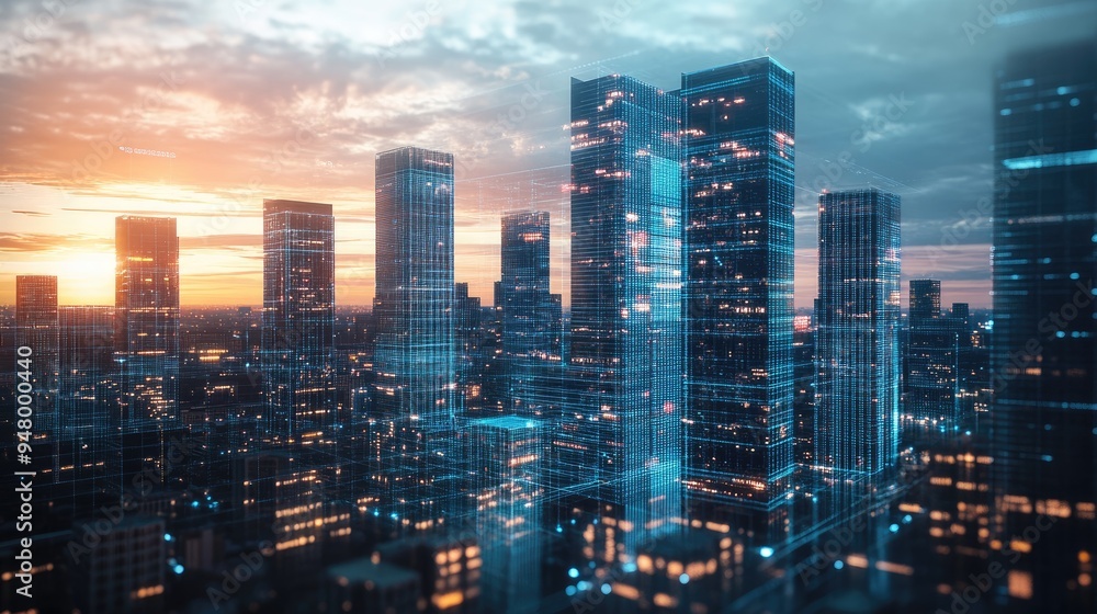 Urban office towers with futuristic digital graphics, emphasizing innovation and business potential. Urban office towers with futuristic digital graphics, emphasizing innovation and business potential.