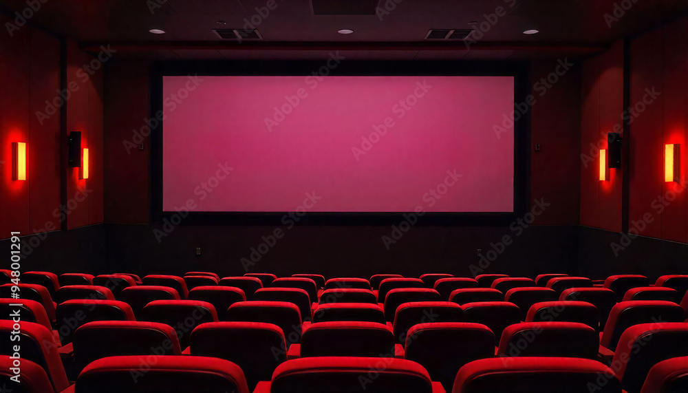 An empty movie theater with red seats and a large white projection screen on the front wall An empty movie theater with red seats and a large white projection screen on the front wall