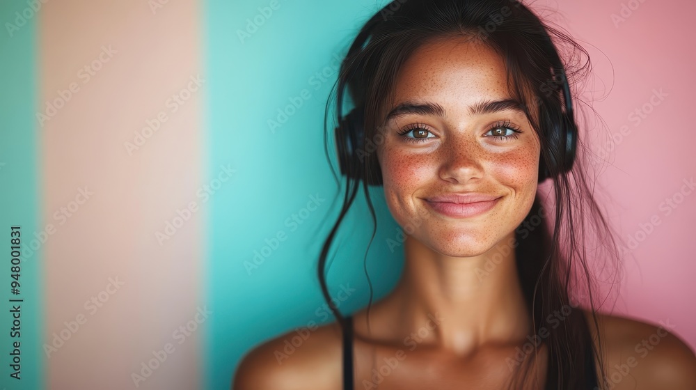A vibrant woman with long hair, smiling and wearing headphones, stands against a colorful striped pink and blue backdrop. This lively image emanates joy and happiness. A vibrant woman with long hair, smiling and wearing headphones, stands against a colorful striped pink and blue backdrop. This lively image emanates joy and happiness.