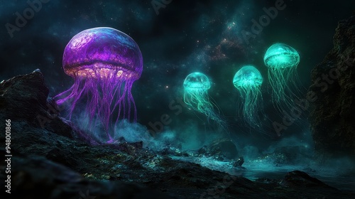 Mesmerizing Bioluminescent Jellyfish Glowing in the Dark Ocean Depths with a Mystical Underwater Landscape