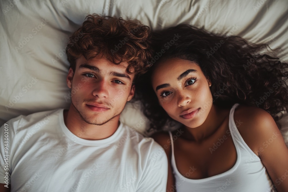 Young beautiful interracial couple in bed stressed with infidelity problems Young beautiful interracial couple in bed stressed with infidelity problems