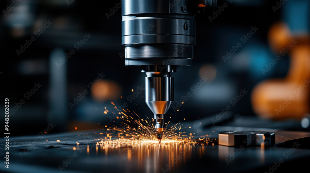 Close-up of a CNC machine in action, producing sparks as it cuts metal in a precision engineering workshop. Close-up of a CNC machine in action, producing sparks as it cuts metal in a precision engineering workshop.