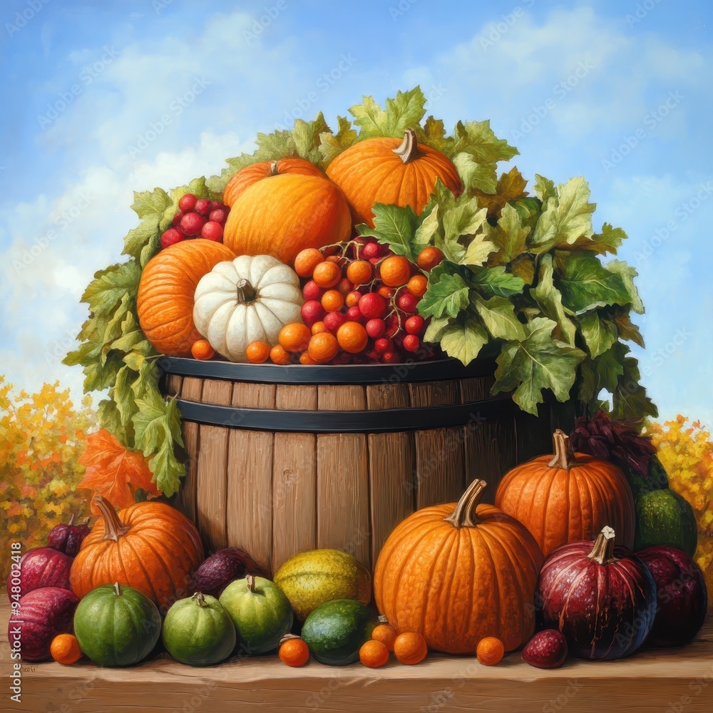Rustic wooden basket filled with assorted pumpkins, gourds, and autumn foliage, symbolizing the harvest season under a blue sky. Rustic wooden basket filled with assorted pumpkins, gourds, and autumn foliage, symbolizing the harvest season under a blue sky.