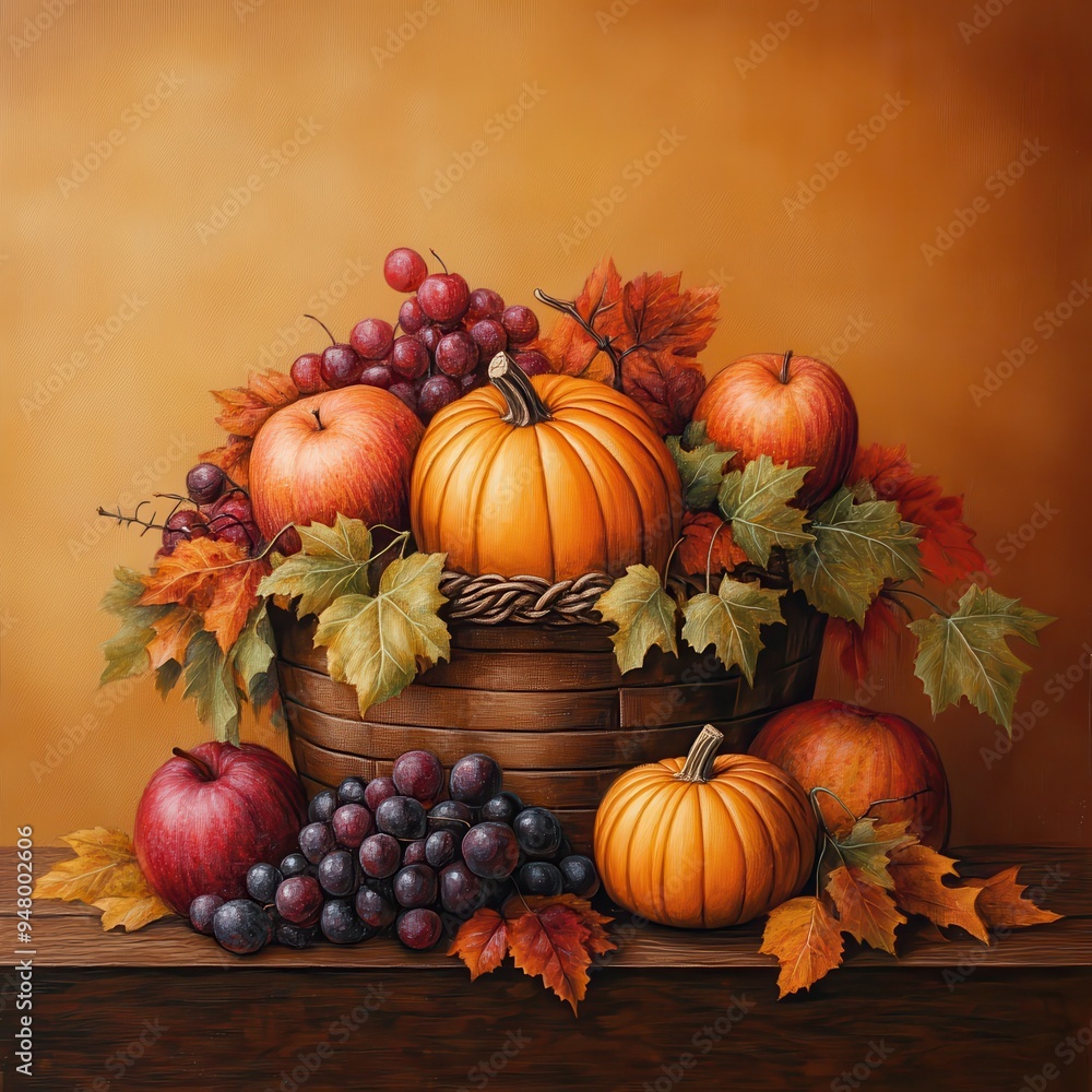A rustic basket filled with pumpkins, apples, grapes, and autumn leaves set against a warm, golden background, perfect for fall decoration. A rustic basket filled with pumpkins, apples, grapes, and autumn leaves set against a warm, golden background, perfect for fall decoration.