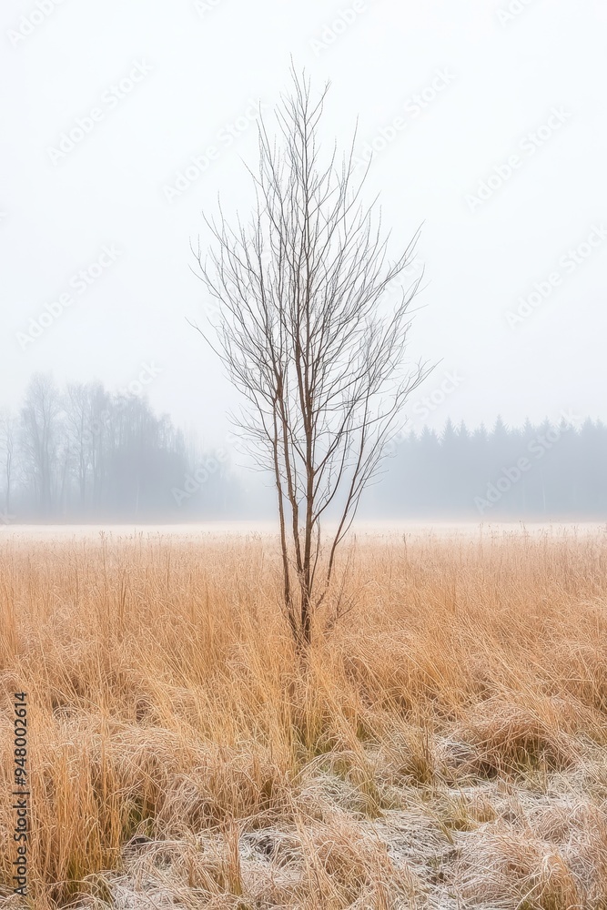 A solitary tree stands in a misty field with golden grass. The foggy atmosphere creates a serene and tranquil scene. A solitary tree stands in a misty field with golden grass. The foggy atmosphere creates a serene and tranquil scene.