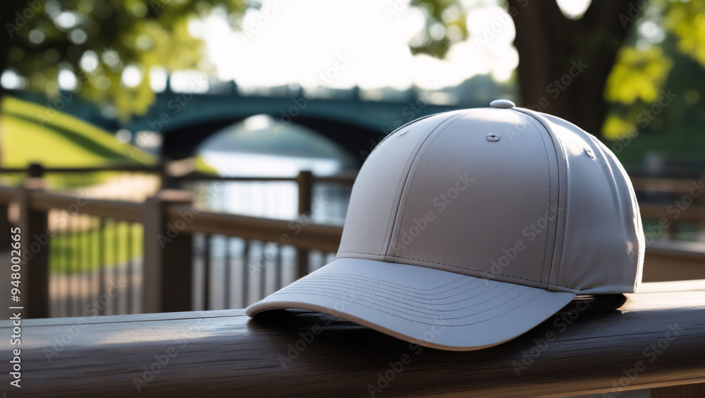 Beige Baseball Cap on Wooden Railing with Tranquil River View, Baseball Cap For Sale at street stall Beige Baseball Cap on Wooden Railing with Tranquil River View, Baseball Cap For Sale at street stall