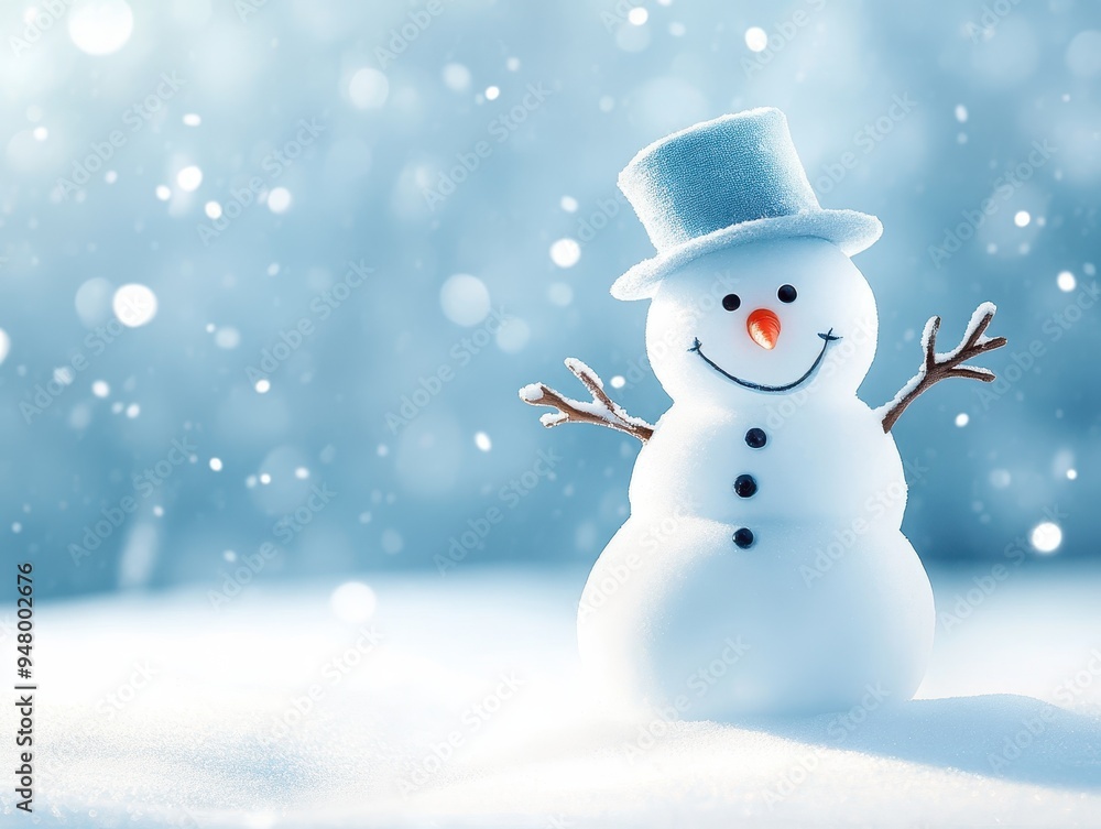 Cheerful snowman with a carrot nose, button eyes, and twig arms stands on fresh snow, set against a sparkling winter wonderland backdrop. Cheerful snowman with a carrot nose, button eyes, and twig arms stands on fresh snow, set against a sparkling winter wonderland backdrop.