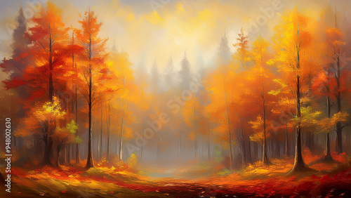 Autumn wallpaper depicting a dense forest full of tall trees with leaves in shades of orange, red and gold. 4K