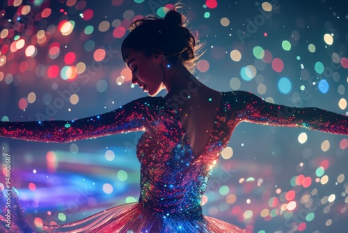 Elegant young girl performs figure skating dance in sparkling dress surrounded by colorful bokeh lights, creating dreamy and festive atmosphere, symbolizing grace and beauty in motion photo