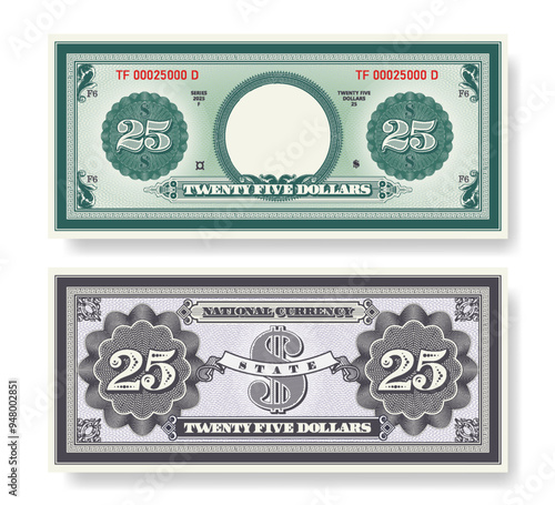 Vector fictional beautiful banknote of 25 dollars. Obverse and reverse of note. Play money with empty circle, guilloche patterns and grid. Blank or sample of certificate. Business. Twenty five.