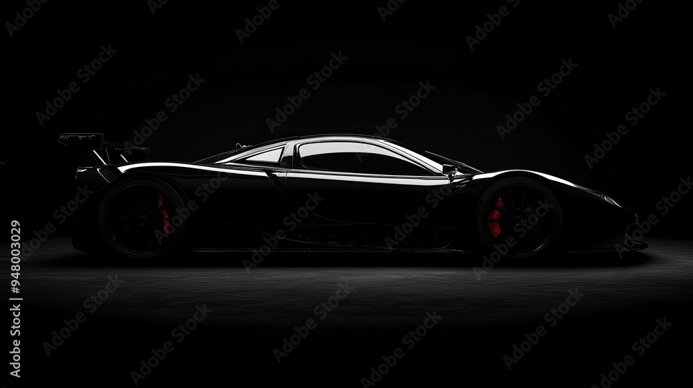 Side view of a generic modern black racing car back and rim lit against a plain black background
Side view of a generic modern black racing car back and rim lit against a plain black background
