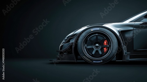 Side view of a generic modern black racing car back and rim lit against a plain black background 