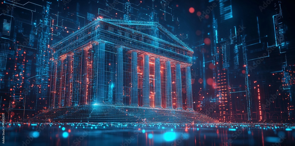 Futuristic bank logo with holographic elements and digital technology ...