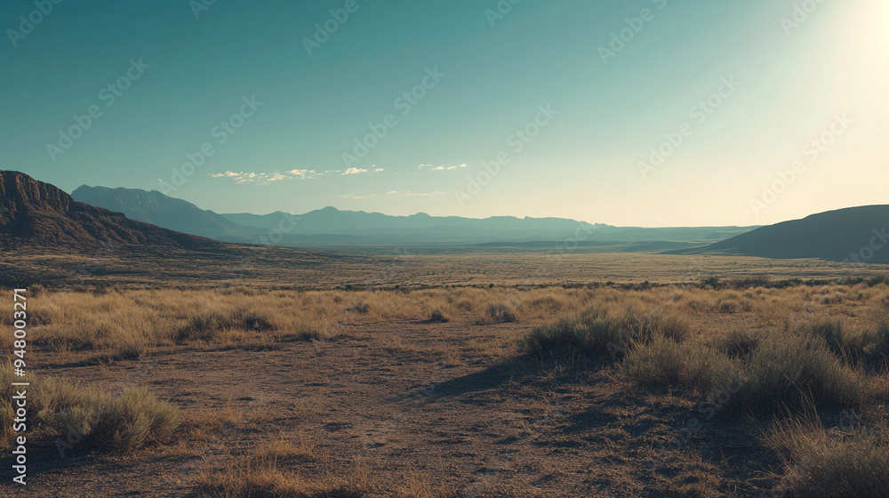 Expansive desert landscape at sunset with distant mountains under a clear blue sky in the western United States