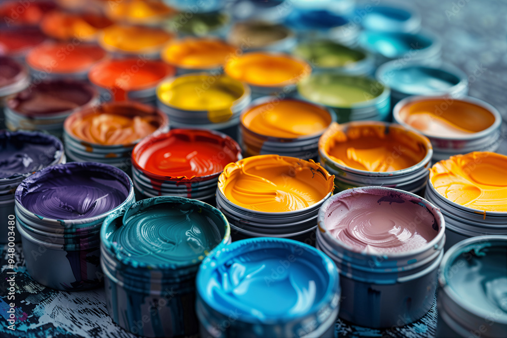 Colorful jars of paint arranged in rows, showcasing vibrant shades for artistic creativity Colorful jars of paint arranged in rows, showcasing vibrant shades for artistic creativity