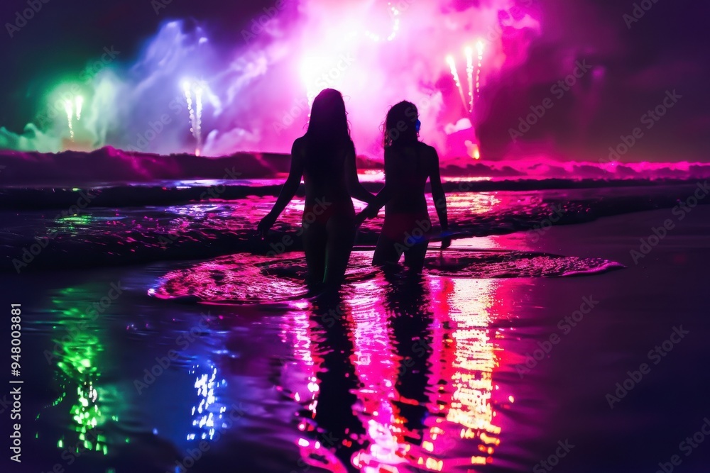 girls having fun enjoying and contemplating the colorful fireworks at night taking a bath in the beach with colorful reflection. girls having fun enjoying and contemplating the colorful fireworks at night taking a bath in the beach with colorful reflection.