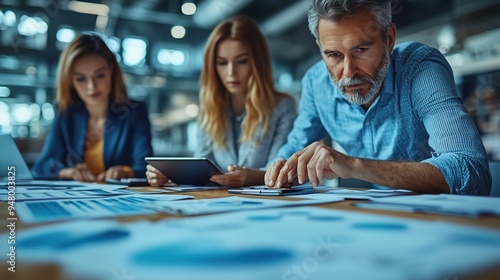 Business Professionals Analyzing Market Trends Together. Group of business professionals, including a man with gray hair, analyze market trends on papers spread across a table in an office.