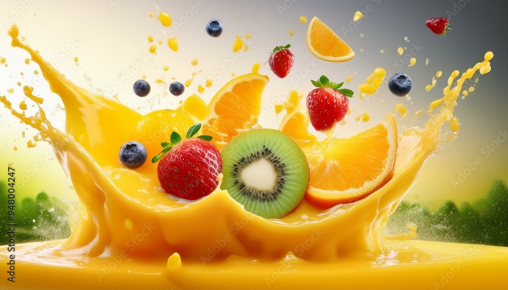 Fruit salad splashes in orange juice. Fruit salad splashes in orange juice.