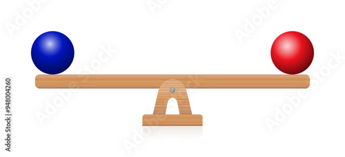 Balance of blue and red sphere on seesaw. Balls of same size and weight but of different colors, equidistant from the middle, in perfect balance on wooden seesaw. Symbol of a fragile balance of power.