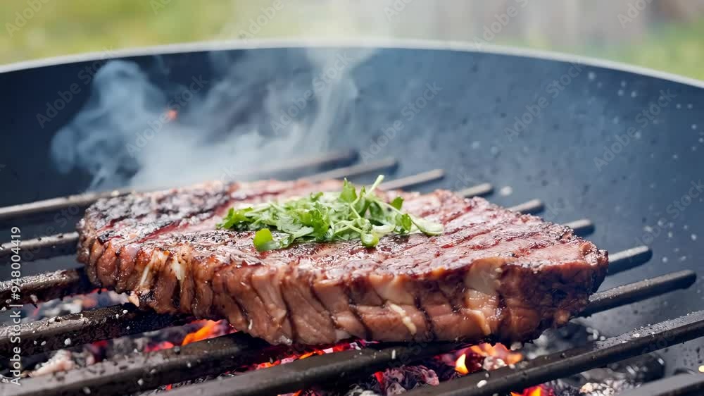 Delicious Juicy Steak with Grilling Stripes Roasted Over Charcoals and Flames on a BBQ Grid