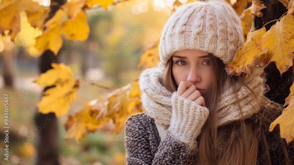 A young woman wrapped up warmly in a knit hat and scarf, surrounded by yellow autumn leaves, with a thoughtful expression. A young woman wrapped up warmly in a knit hat and scarf, surrounded by yellow autumn leaves, with a thoughtful expression.