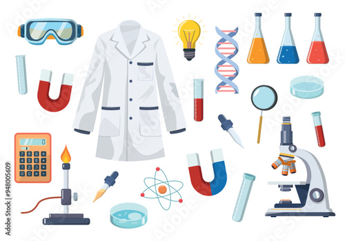 Science lab equipment set. Cartoon chemistry and biology elements. Isolated on white background. Design for stickers, scrapbooking