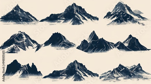 Silhouette mountain set with grunge textures vector  photo