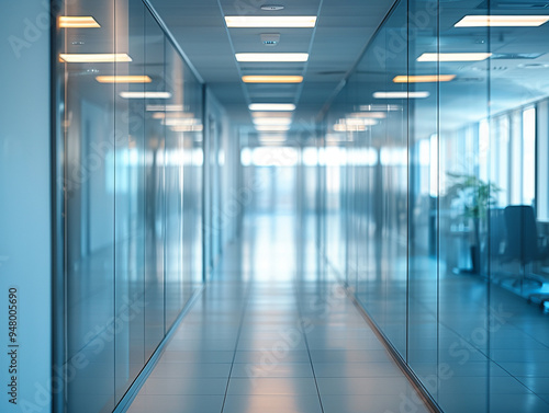 Wallpaper Mural Beautiful architecture design of corridor hall in modern indoor interior workplace office hospital with glass window partition, blurred meeting open room inside with light center building department Torontodigital.ca