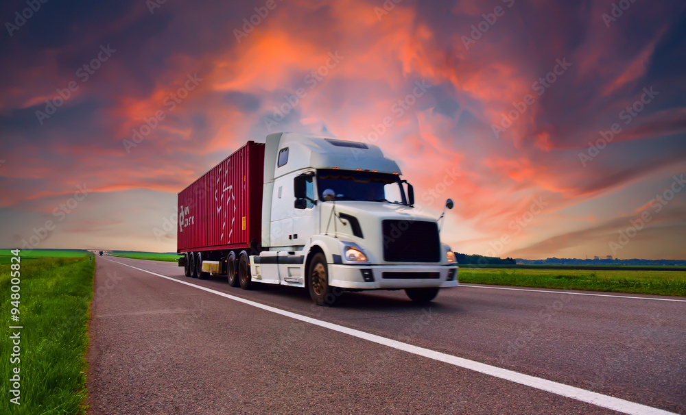 Obraz premium Shipping Containers Delivery, Maritime, Transport logistics. American Big rig Semi Truck transport sea container on highway. Shipping, Import - Export. Freight shipping by big rig long haul truck.