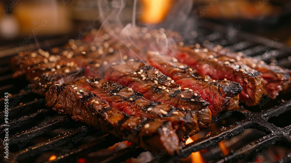 Close-up Slice juicy beef lamb rib steak meat grilled on heat hot roasted flame cooking meal, lunch dinner coal fire smoke with salt and pepper spice beefsteak for party picnic outdoor refreshment Close-up Slice juicy beef lamb rib steak meat grilled on heat hot roasted flame cooking meal, lunch dinner coal fire smoke with salt and pepper spice beefsteak for party picnic outdoor refreshment