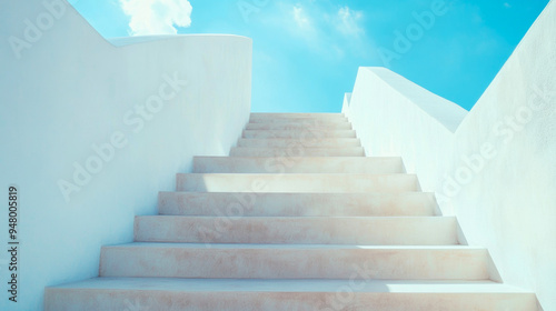 A set of white stone stairs ascends under a bright blue sky, symbolizing upward movement and aspiration in a serene, minimalistic setting.