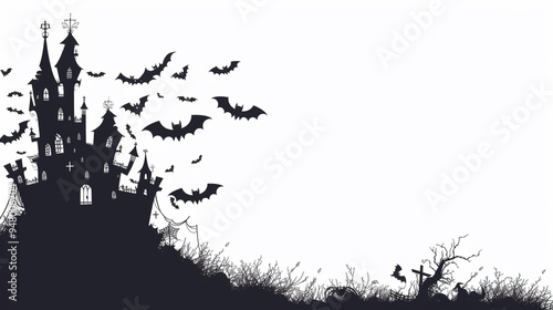 Silhouette horror haunted house halloween black castle evil night, spooky creepy mystery fear fantasy ghost full moon gothic black lit dracula decoration bat, full moon grave tower white background