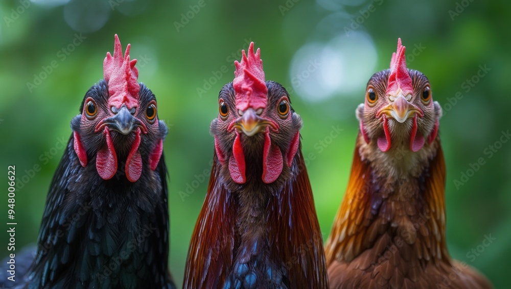 Naklejka premium Three chickens: a black hen on the left side of the picture 