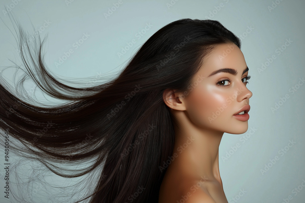 Naklejka premium Portrait of a model with long hair extensions on a white background. Studio fashion photography.