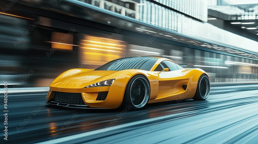 Yellow sports car riding on highway road. Car in fast motion. Fast moving supercar on the street. 3d illustration Yellow sports car riding on highway road. Car in fast motion. Fast moving supercar on the street. 3d illustration