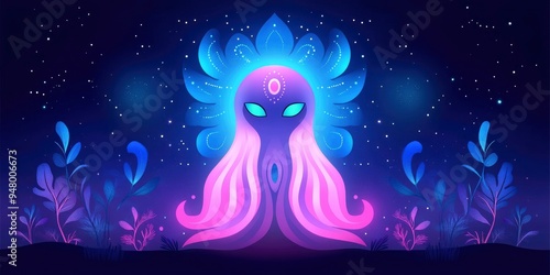 Exploring the Cosmic Realm, A Mystical Octopus in a Dreamlike Night Sky