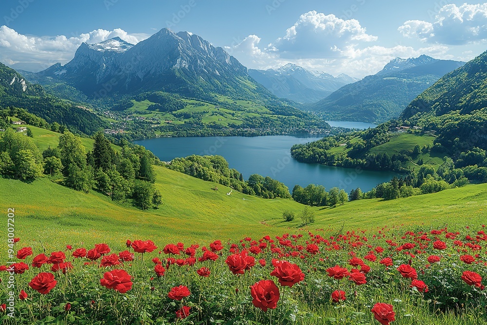 A beautiful mountain landscape with a lake in the foreground A beautiful mountain landscape with a lake in the foreground