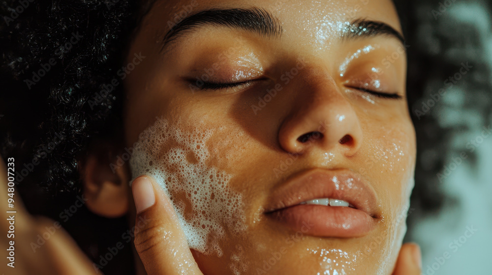 A person engaging in quiet self care routine, cleansing their face with foam, radiating tranquility and relaxation. A person engaging in quiet self care routine, cleansing their face with foam, radiating tranquility and relaxation.