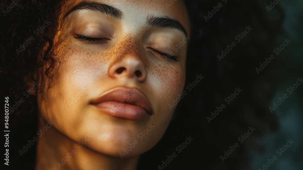Calm and serene close up of person engaging in self care, with eyes closed and peaceful expression. natural beauty is highlighted by soft lighting and gentle shadows. Calm and serene close up of person engaging in self care, with eyes closed and peaceful expression. natural beauty is highlighted by soft lighting and gentle shadows.