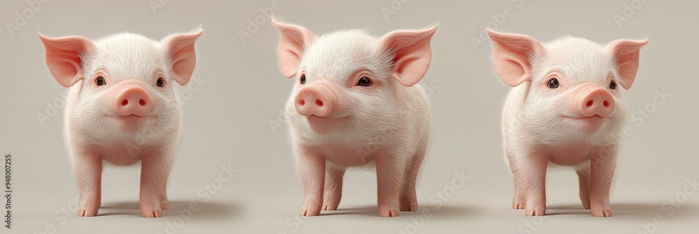 Fototapeta premium Three views of the same cute, white piglet against a plain background.