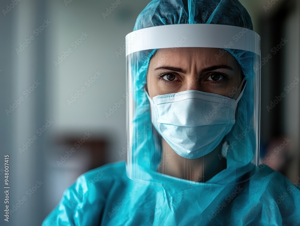 Healthcare Worker in Full Protective Gear with Face Shield and Mask in Hospital Setting Healthcare Worker in Full Protective Gear with Face Shield and Mask in Hospital Setting