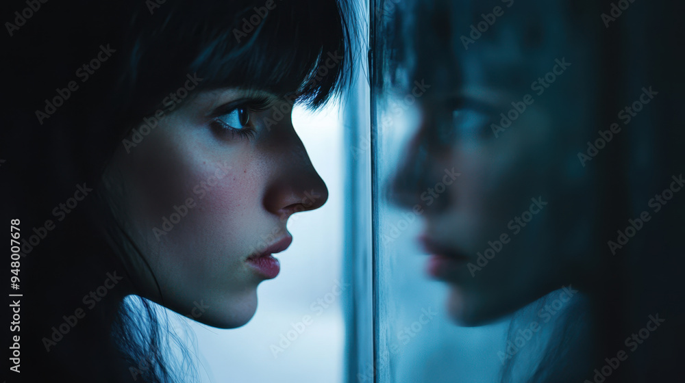 A person gazing at their reflection, showcasing moment of introspection and contemplation. cool tones enhance emotional depth of scene. A person gazing at their reflection, showcasing moment of introspection and contemplation. cool tones enhance emotional depth of scene.