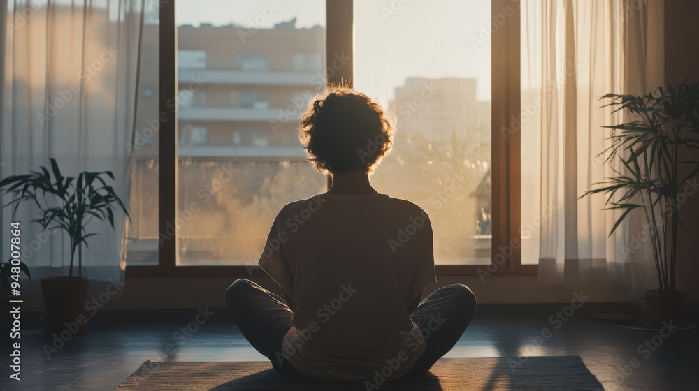 A serene moment of meditation in peaceful room, with soft sunlight filtering through curtains. introvert finds tranquility amidst nature. A serene moment of meditation in peaceful room, with soft sunlight filtering through curtains. introvert finds tranquility amidst nature.