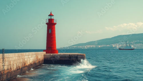 Red Lighthouse Standing Tall Against Coastal Breeze, Guiding Ships to Freedom and Safety Along the Coastline, A Symbol of Hope and Navigation photo